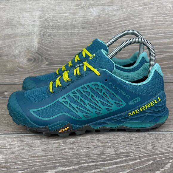 Merrell All Out Terra Ice Women’s Sz 6 Teal Lime Low Top Vibram Mountain Shoes - Picture 3 of 12
